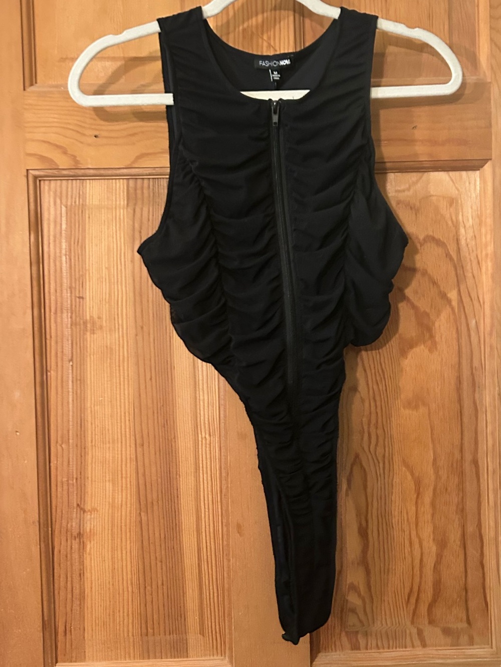 Fashion Nova Black Ruched Zip-Front Women’s Body Suit with Buttons